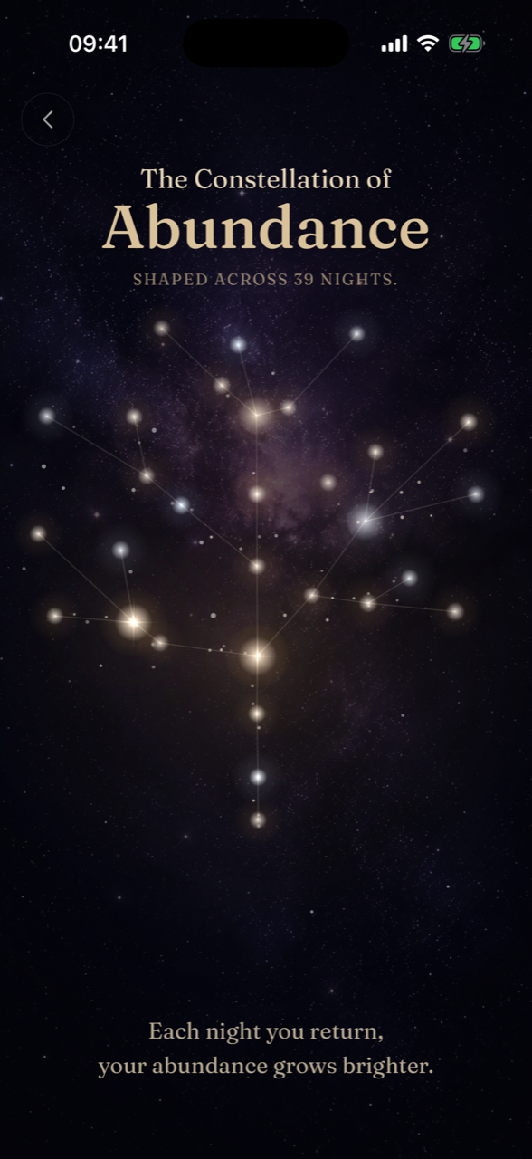Full-screen view of a Nightwards feeling constellation, drawn in gold against a dark sky.