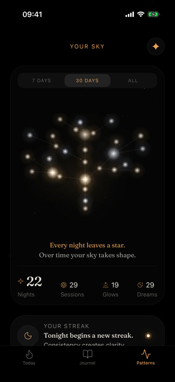 Nightwards Patterns screen with the constellation preview card.