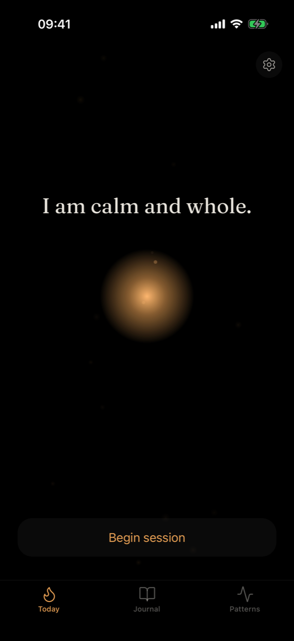 Nightwards Today screen showing the wish sentence “I am calm and whole.” above a glowing orb.